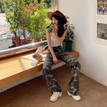 Pantaloni denim cargo cu camuflaj pentru femei, talie înaltă, croială lejeră, picior drept, versatil