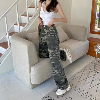 Pantaloni denim cargo cu camuflaj pentru femei, talie înaltă, croială lejeră, picior drept, versatil