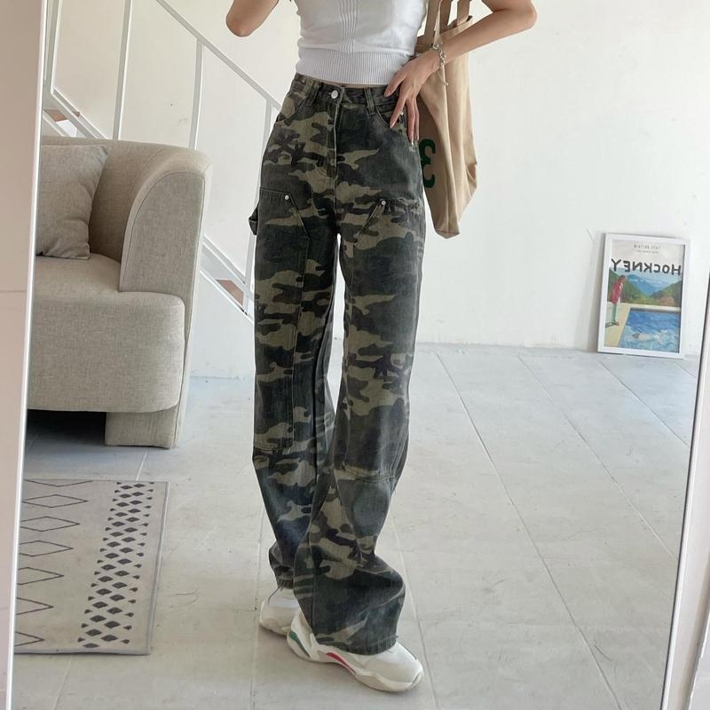 Pantaloni denim cargo cu camuflaj pentru femei, talie înaltă, croială lejeră, picior drept, versatil