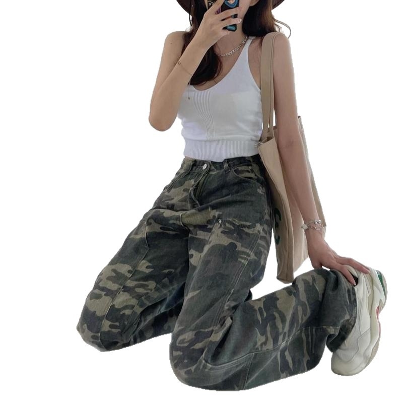 Pantaloni denim cargo cu camuflaj pentru femei, talie înaltă, croială lejeră, picior drept, versatil