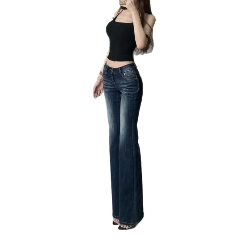 Blugi din denim, talie înaltă, uzură în stil retro — straight leg, pantaloni lungi, elasticitate medie