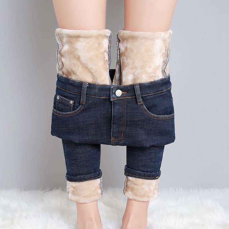 Blugi pentru femei albastru închis, căptuțiți cu fleece, groși, talie înaltă, croială skinny, toamnă–iarna 2023