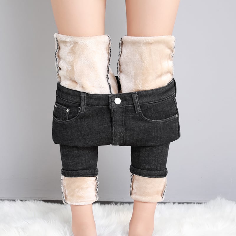 Blugi pentru femei albastru închis, căptuțiți cu fleece, groși, talie înaltă, croială skinny, toamnă–iarna 2023