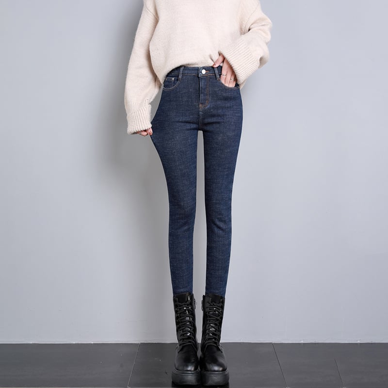 Blugi pentru femei albastru închis, căptuțiți cu fleece, groși, talie înaltă, croială skinny, toamnă–iarna 2023