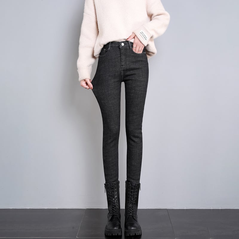 Blugi pentru femei albastru închis, căptuțiți cu fleece, groși, talie înaltă, croială skinny, toamnă–iarna 2023
