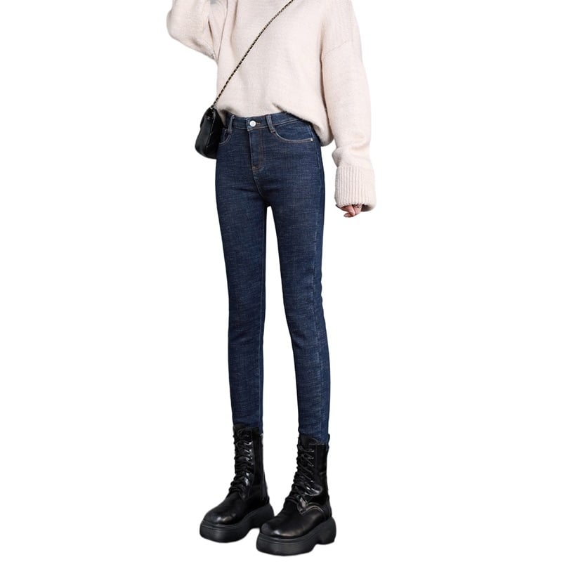 Blugi pentru femei albastru închis, căptuțiți cu fleece, groși, talie înaltă, croială skinny, toamnă–iarna 2023
