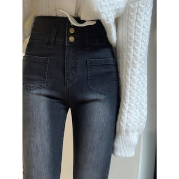 Jeans pentru femei, primăvară, culoare negru-gri, talie înaltă, ușor evazați, denim elastan, croială Slim