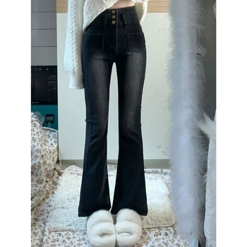 Jeans pentru femei, primăvară, culoare negru-gri, talie înaltă, ușor evazați, denim elastan, croială Slim