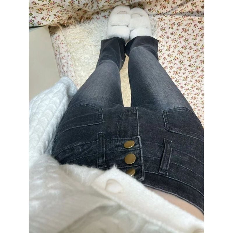 Jeans pentru femei, primăvară, culoare negru-gri, talie înaltă, ușor evazați, denim elastan, croială Slim