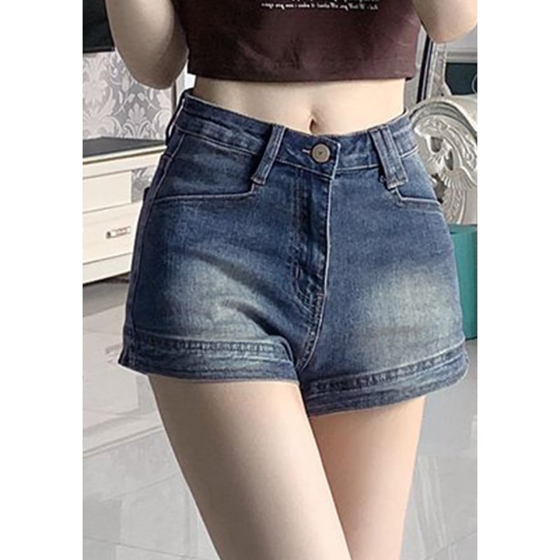 Shorturi din denim cu talie înaltă, stil vintage, detalii uzate, croială slim, talie elastică, vară 2025