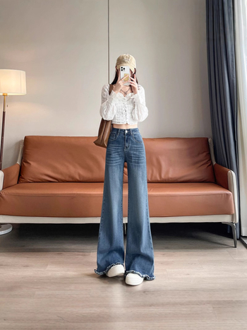 Jean dină femei din bumbac, stil vintage, talie înaltă, croială lejeră, ușor evazate, elastice, pantaloni largi, toamnă 2025