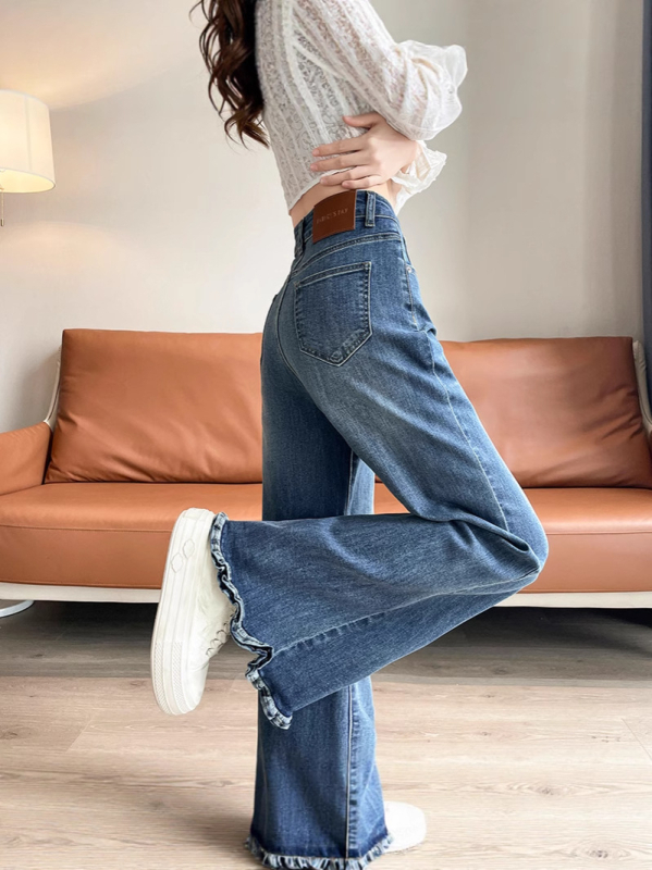 Jean dină femei din bumbac, stil vintage, talie înaltă, croială lejeră, ușor evazate, elastice, pantaloni largi, toamnă 2025