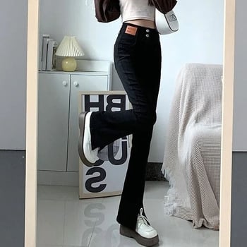 Jeans negri femei cu ușoară evazare și despicare, talie înaltă, croială drept, stil toamnă-iarnă