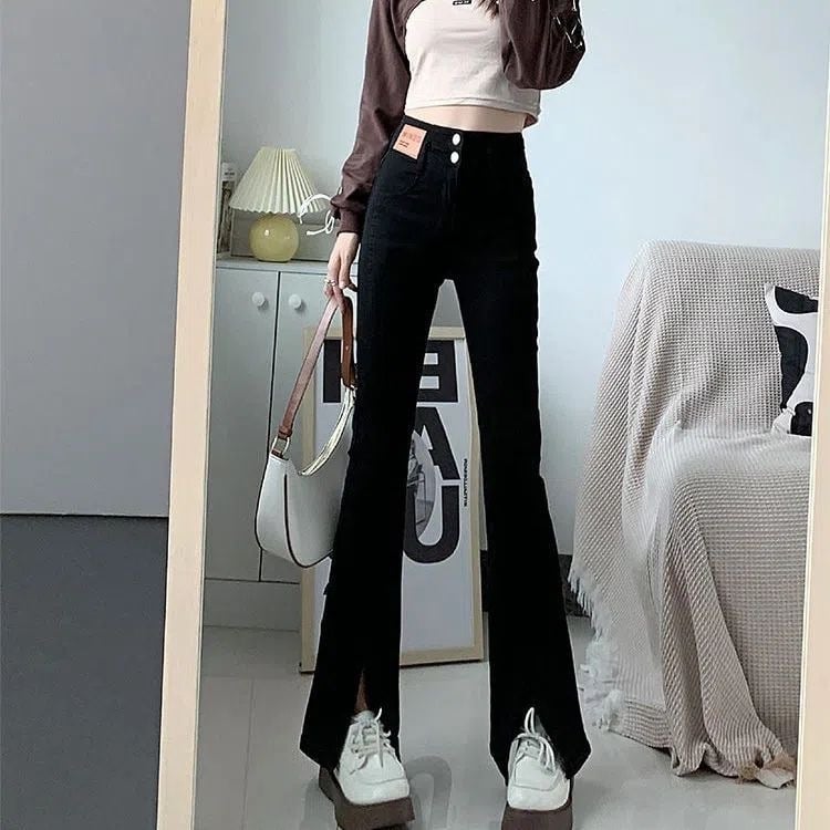 Jeans negri femei cu ușoară evazare și despicare, talie înaltă, croială drept, stil toamnă-iarnă