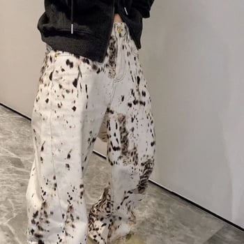 Jeans din denim pentru femei, imprimeu leopard, talie înaltă, croială dreaptă relaxată, vibe vintage