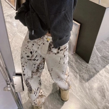 Jeans din denim pentru femei, imprimeu leopard, talie înaltă, croială dreaptă relaxată, vibe vintage