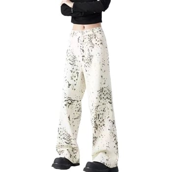 Jeans din denim pentru femei, imprimeu leopard, talie înaltă, croială dreaptă relaxată, vibe vintage