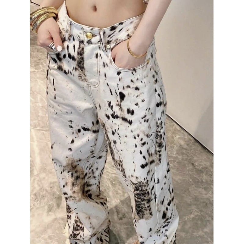 Jeans din denim pentru femei, imprimeu leopard, talie înaltă, croială dreaptă relaxată, vibe vintage