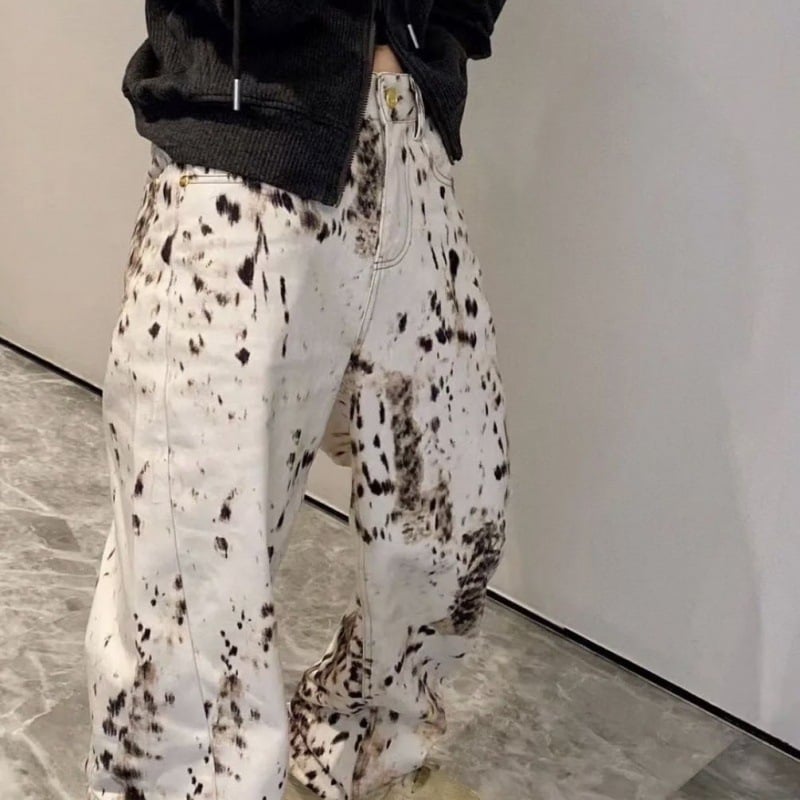Jeans din denim pentru femei, imprimeu leopard, talie înaltă, croială dreaptă relaxată, vibe vintage
