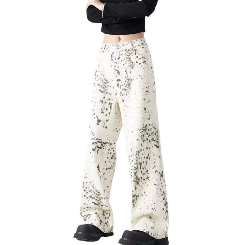 Jeans din denim pentru femei, imprimeu leopard, talie înaltă, croială dreaptă relaxată, vibe vintage