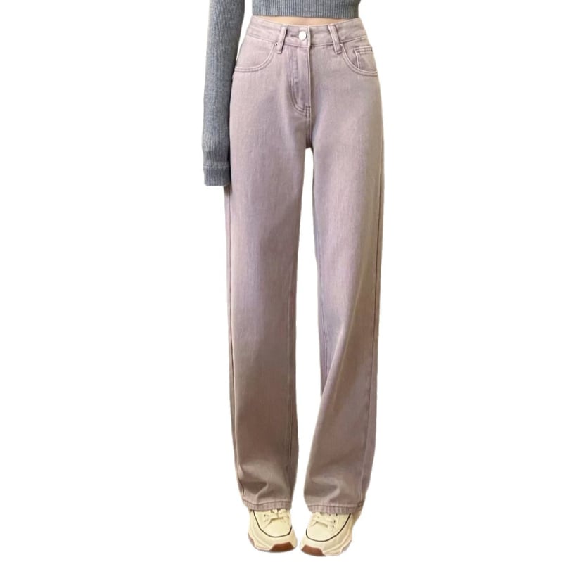 Blugi femei roz prăfuit, talie înaltă, croială dreaptă și wide-leg, stil coreean, model nou 2025