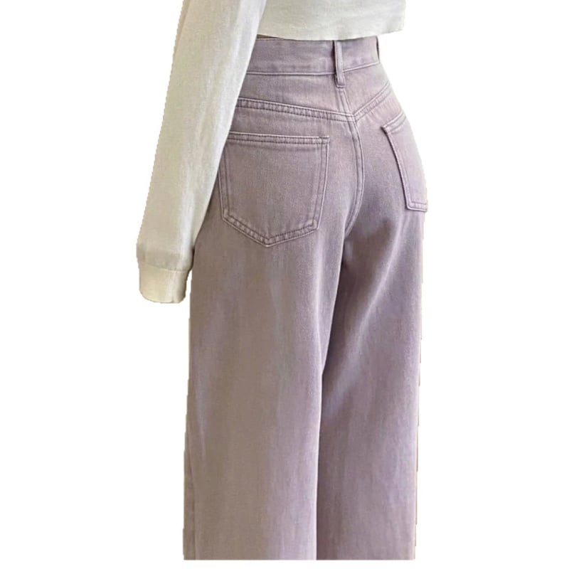 Blugi femei roz prăfuit, talie înaltă, croială dreaptă și wide-leg, stil coreean, model nou 2025