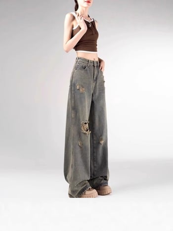 Blugi rupți pentru femei plus size, pentru toamnă, ușori, gri ciment, talie înaltă, croială dreaptă și wide-leg