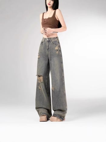 Blugi rupți pentru femei plus size, pentru toamnă, ușori, gri ciment, talie înaltă, croială dreaptă și wide-leg