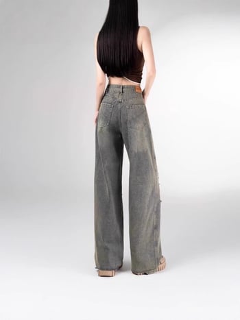 Blugi rupți pentru femei plus size, pentru toamnă, ușori, gri ciment, talie înaltă, croială dreaptă și wide-leg