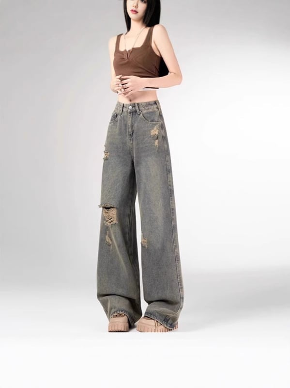 Blugi rupți pentru femei plus size, pentru toamnă, ușori, gri ciment, talie înaltă, croială dreaptă și wide-leg