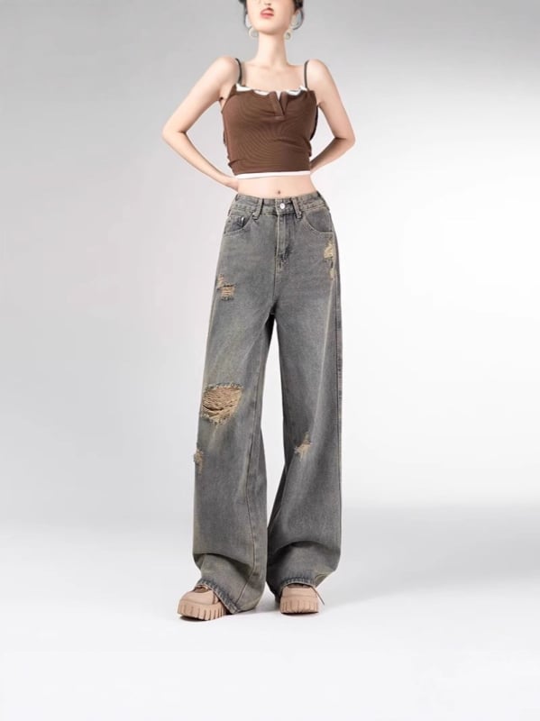 Blugi rupți pentru femei plus size, pentru toamnă, ușori, gri ciment, talie înaltă, croială dreaptă și wide-leg
