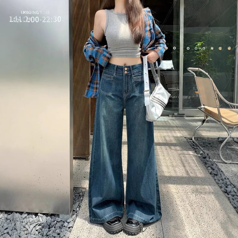 Blugi damă talie înaltă, drepti, largi, denim albastru închis, toamnă-iarnă 2025