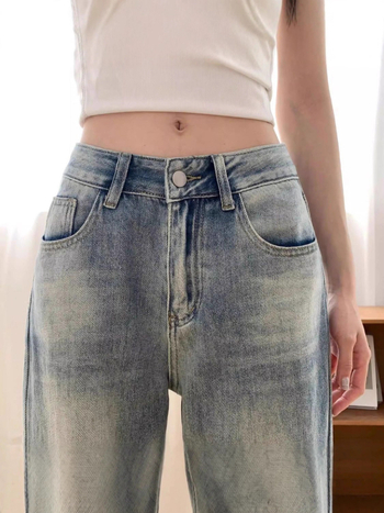 Blugi femei cu talie înaltă și croială largă, stil american retro, colecția 2025 vară–toamnă–iarna, croială lejeră și finisaj uzat