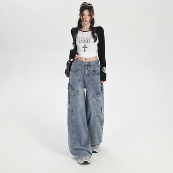 Blugi din denim pentru femei, stil american vintage de lucru, talie înaltă, panouri patchwork, mai multe buzunare, croială lejeră, wide-leg drept
