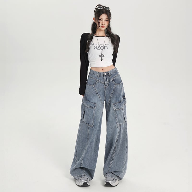 Blugi din denim pentru femei, stil american vintage de lucru, talie înaltă, panouri patchwork, mai multe buzunare, croială lejeră, wide-leg drept