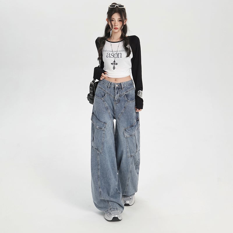 Blugi din denim pentru femei, stil american vintage de lucru, talie înaltă, panouri patchwork, mai multe buzunare, croială lejeră, wide-leg drept