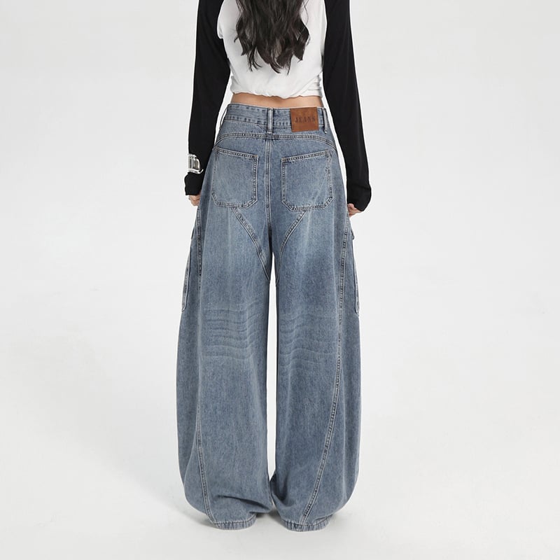 Blugi din denim pentru femei, stil american vintage de lucru, talie înaltă, panouri patchwork, mai multe buzunare, croială lejeră, wide-leg drept