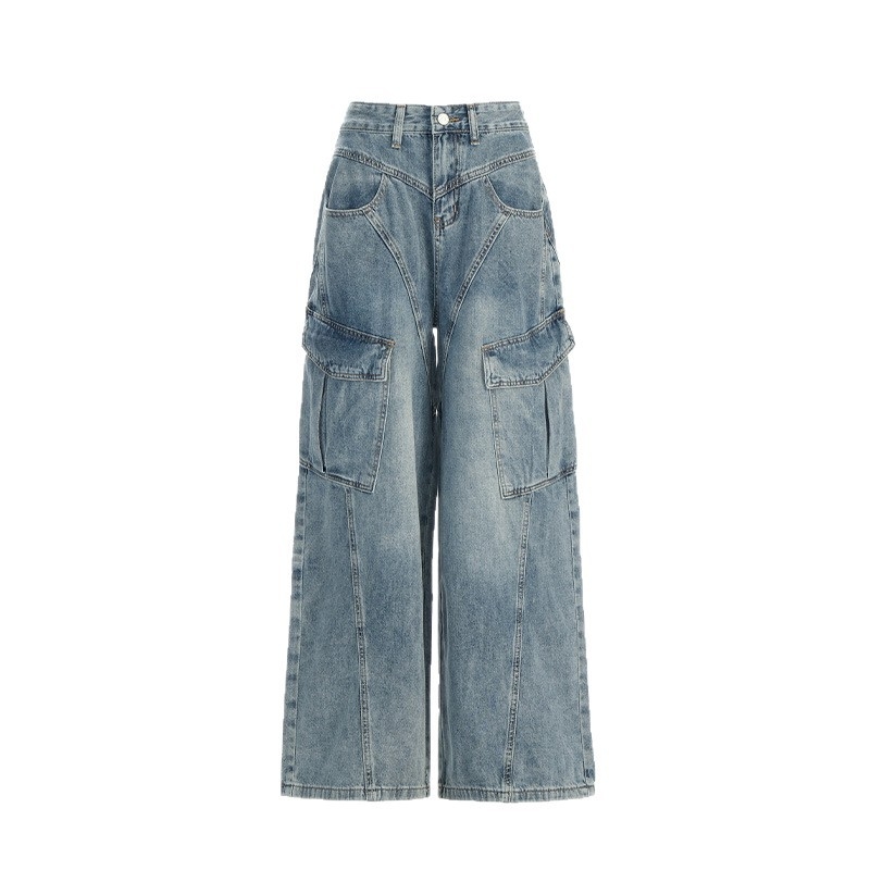 Blugi din denim pentru femei, stil american vintage de lucru, talie înaltă, panouri patchwork, mai multe buzunare, croială lejeră, wide-leg drept