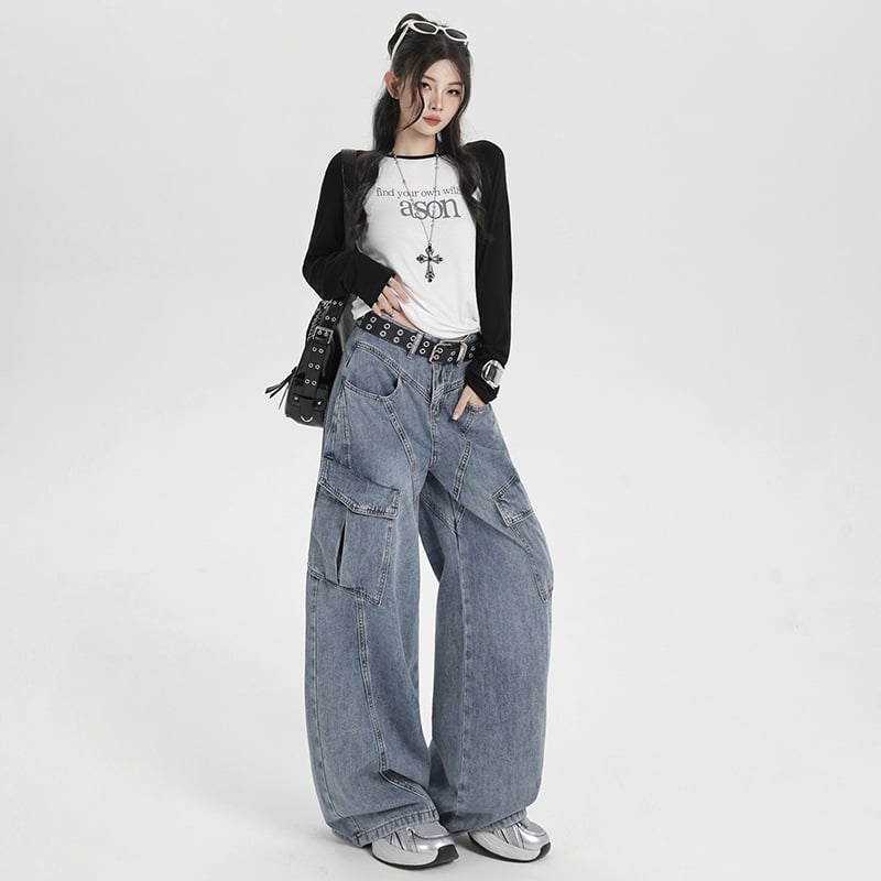 Blugi din denim pentru femei, stil american vintage de lucru, talie înaltă, panouri patchwork, mai multe buzunare, croială lejeră, wide-leg drept