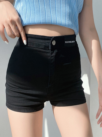 Șorturi denim pentru femei, talie înaltă, stil American retro, negru, ușoare, lungime trei sferturi, evidențiază picioarele