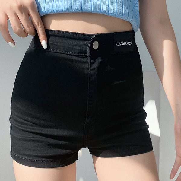 Șorturi denim pentru femei, talie înaltă, stil American retro, negru, ușoare, lungime trei sferturi, evidențiază picioarele