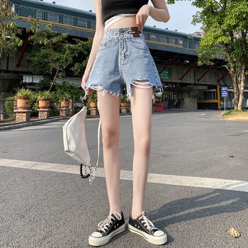 Șort denim în stil coreean, margine ruptă, croială dreaptă, pentru femei, talie înaltă, linie A cu croială largă, vară 2024