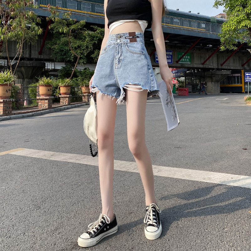 Șort denim în stil coreean, margine ruptă, croială dreaptă, pentru femei, talie înaltă, linie A cu croială largă, vară 2024