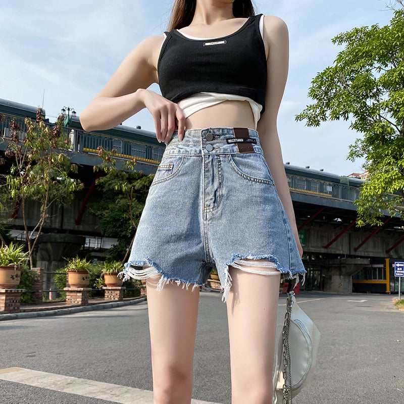 Șort denim în stil coreean, margine ruptă, croială dreaptă, pentru femei, talie înaltă, linie A cu croială largă, vară 2024