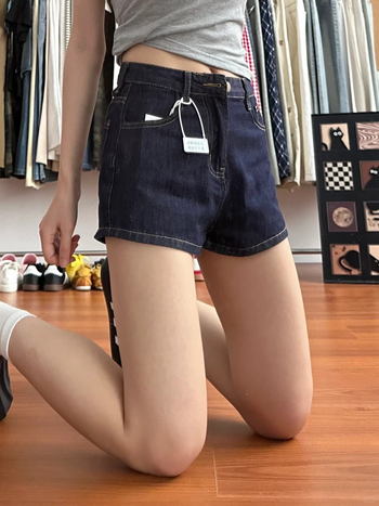 Shorturi din denim albastru închis pentru femei, talie înaltă, croială lejeră dreptă, siluetă în formă de A, vară