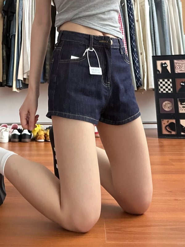 Shorturi din denim albastru închis pentru femei, talie înaltă, croială lejeră dreptă, siluetă în formă de A, vară