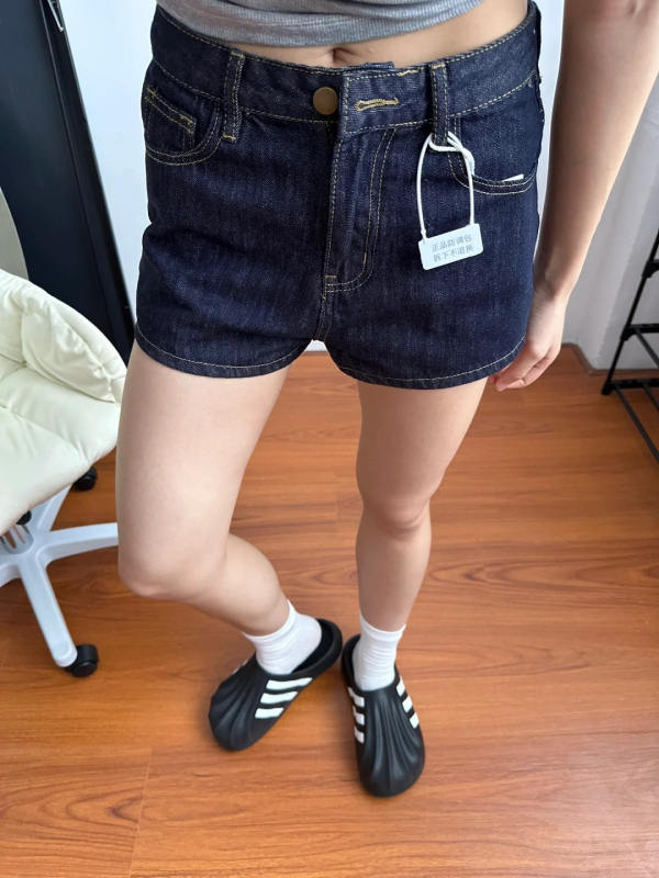 Shorturi din denim albastru închis pentru femei, talie înaltă, croială lejeră dreptă, siluetă în formă de A, vară
