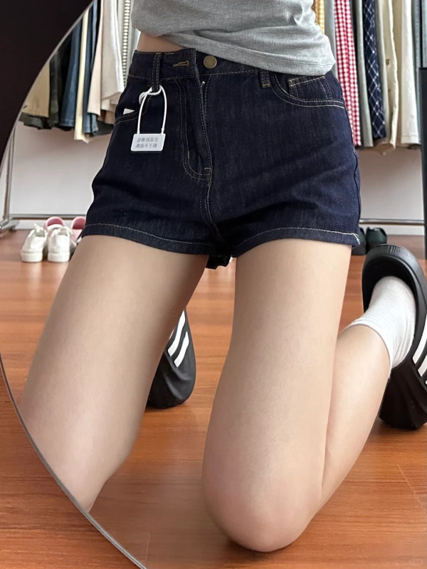 Shorturi din denim albastru închis pentru femei, talie înaltă, croială lejeră dreptă, siluetă în formă de A, vară