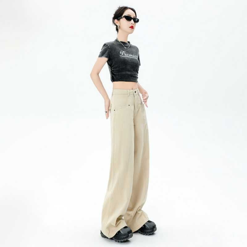 Blugi femei cu căptușeală fleece, crem deschis, stil american de lucru, talie înaltă, croială lejeră, siluetă dreaptă spre wide-leg.