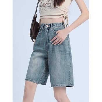 Șorturi denim subțiri pentru femei, talie înaltă, vară retro, croială Slim de lungime medie, croială lejeră, largă, stil american sport.